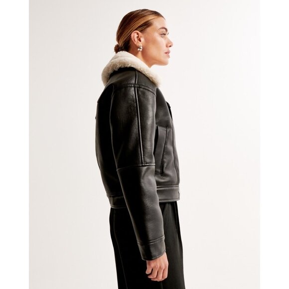 Abercrombie & Fitch Black Vegan Leather Jacket With White Faux Shearling Collar - Picture 6 of 13